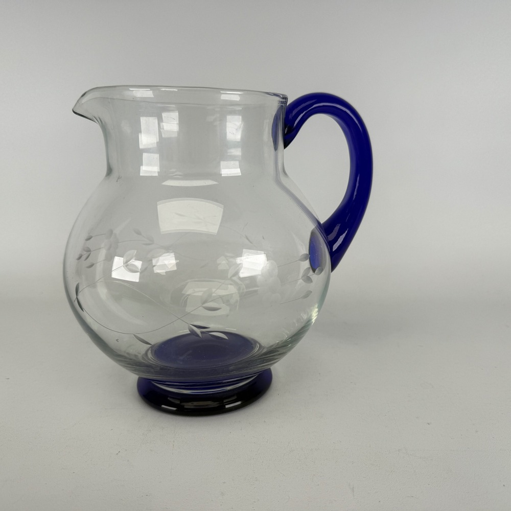 Vintage Etched Glass Pitcher Cobalt Blue Handle and Base Floral Design 8 Inch